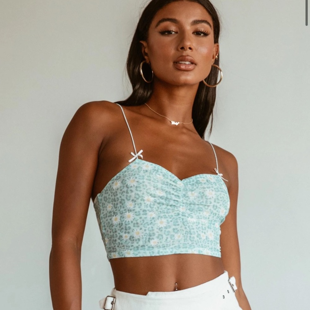 Princess Polly Light Blue Floral Cropped Tank Top